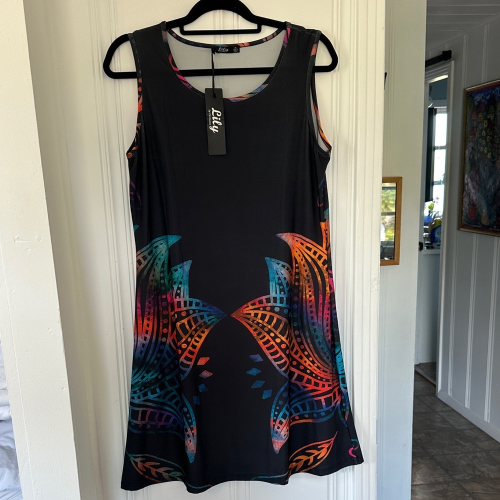 Lily Black Sleeveless Dress with Teal, Orange, Pink & Purple Motif